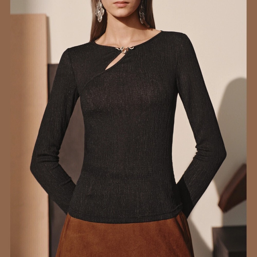 Black Ribbed Knit Cutout Silver Hardware Trim Long Sleeve Top